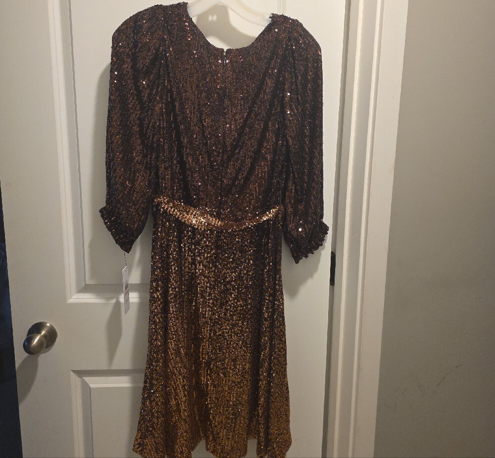 DKNY Two-Tone Bronze Sequin Wrap Midi Dress - Picture 11 of 16